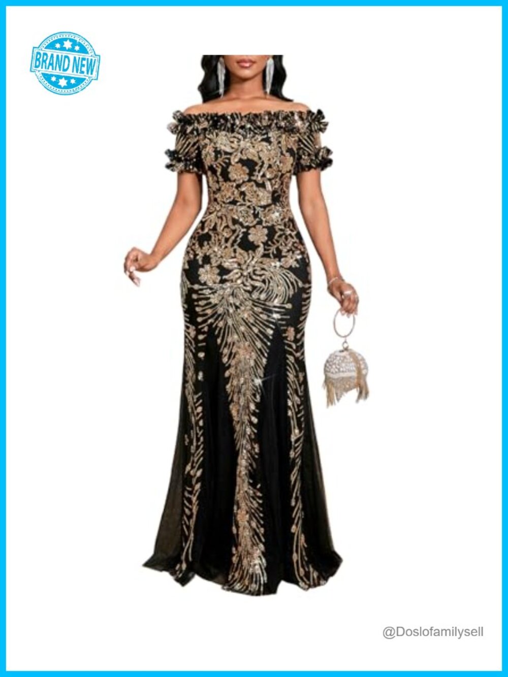 Off Shoulder Sequin Formal Dress Ruffle Sleeve Mesh Evening Gown Prom Wedding